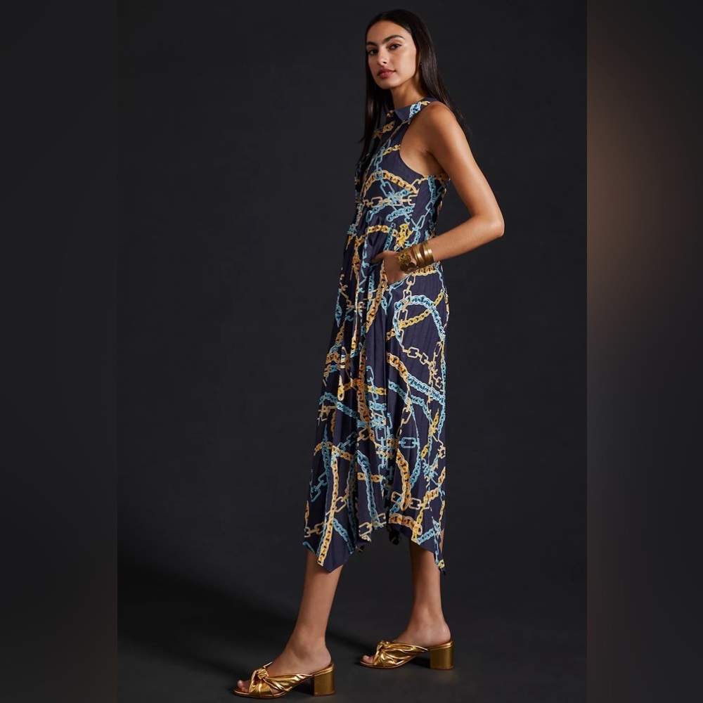 Maeve Elegant Chains Pleated Midi Shirt Dress - Picture 5 of 16